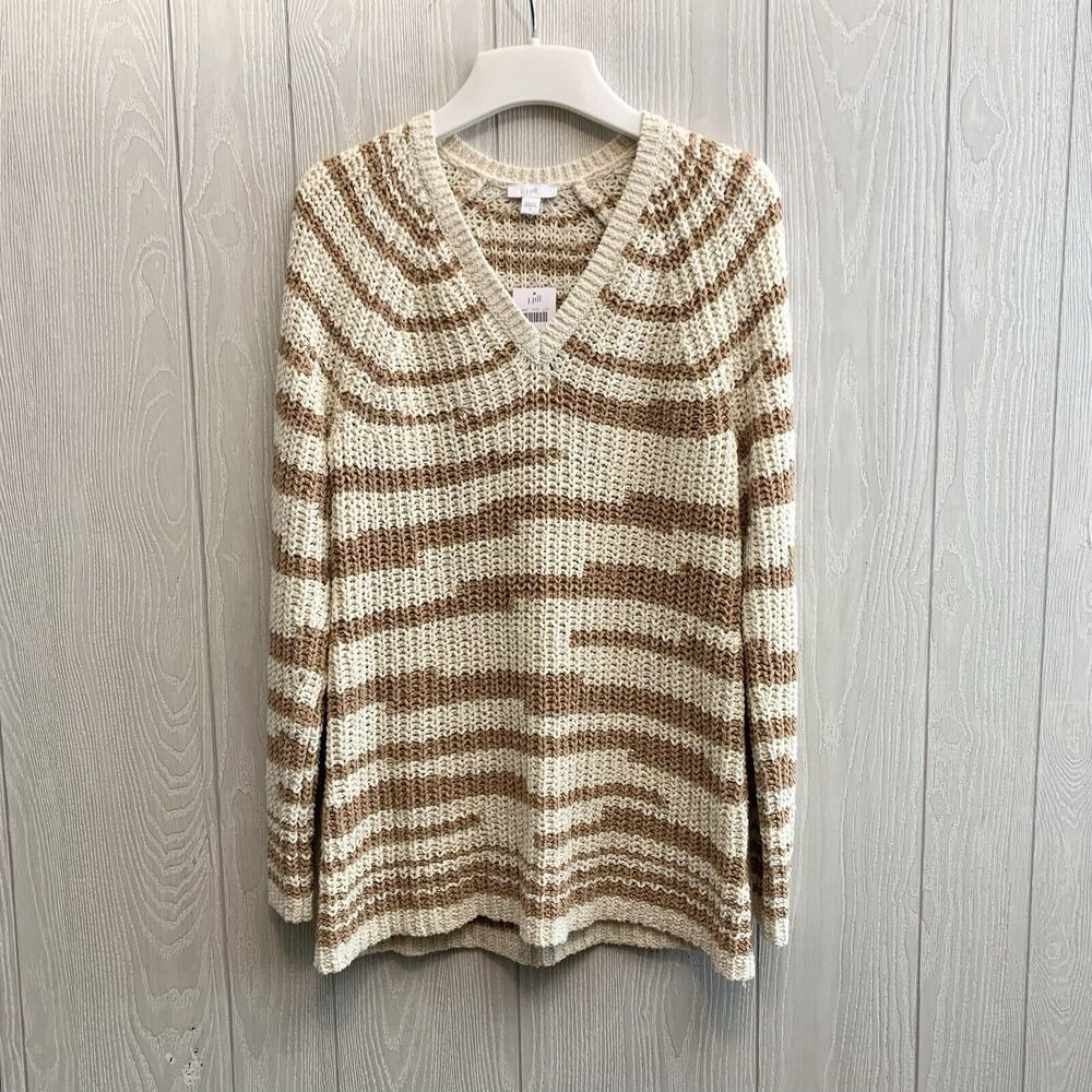 J Jill Cream Brown V-Neck Chunky Knit Sweater Small NWT